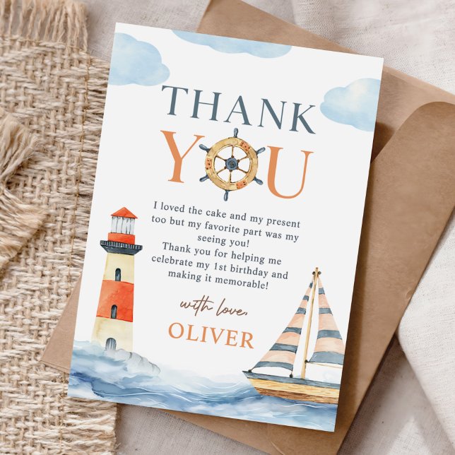 Little Sailor Nautical Blue Pastel 1st Birthday Thank You Card (Creator Uploaded)