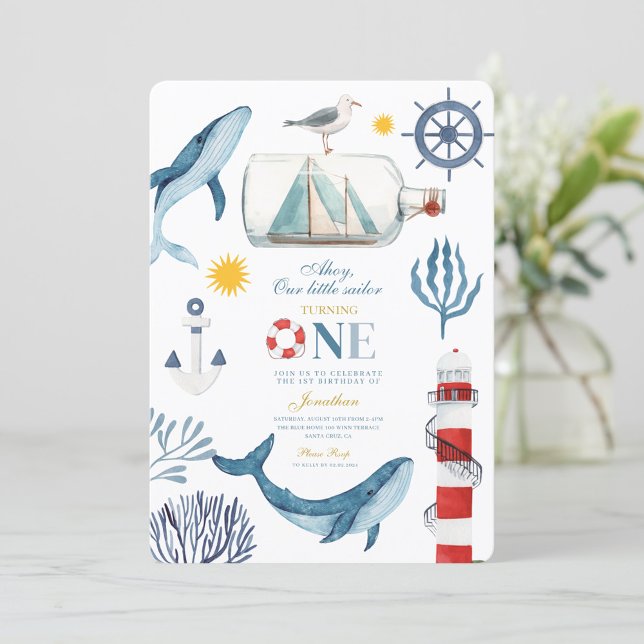 Little Sailor Sea Whale Lighthouse 1st Birthday Invitation (Creator Uploaded)