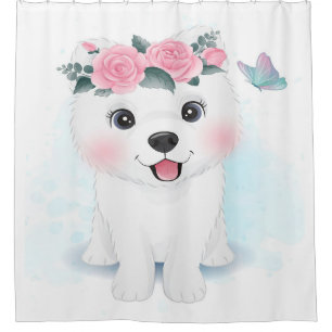 Little Samoyed With Floral Blanket Gift For Baby Shower Curtain