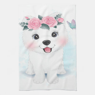 Little Samoyed With Floral Blanket Gift For Baby Tea Towel