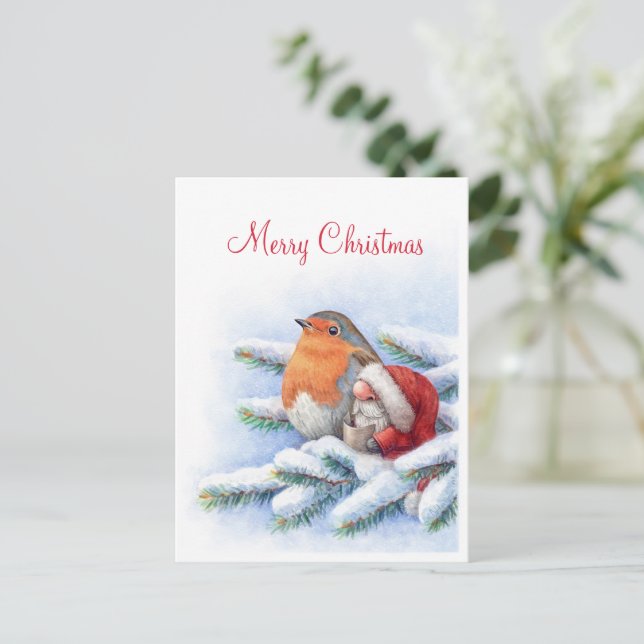 Little Santa with a red robin Postcard (Standing Front)