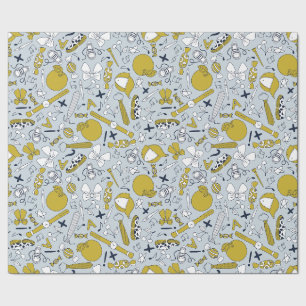 Little School Things Scattered on Light Blue Wrapping Paper