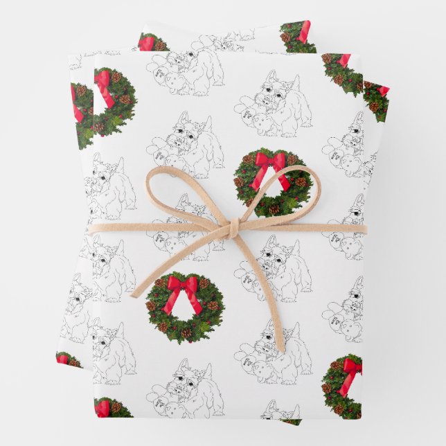 Little Scottie Dog with Christmas Wreath Wrapping Paper Sheet (In situ)
