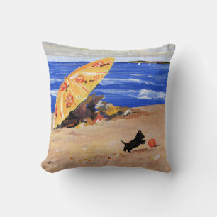Little Scottie Playing at the Beach Cushion