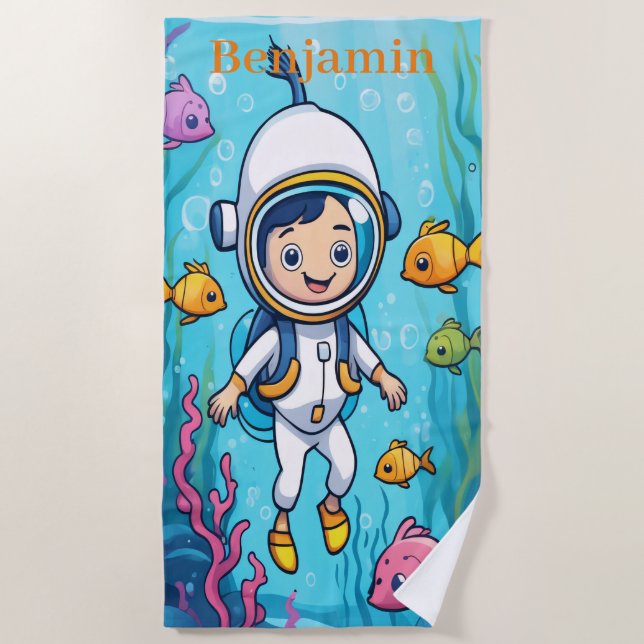 Little Scuba Diver with Sea life in Ocean Beach Towel (Front)