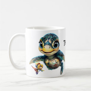 Little sea turtle exploring with her friend. coffee mug