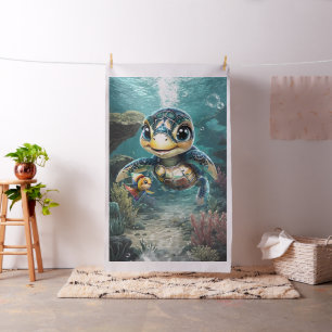 Little sea turtle exploring with her friend.  fabric