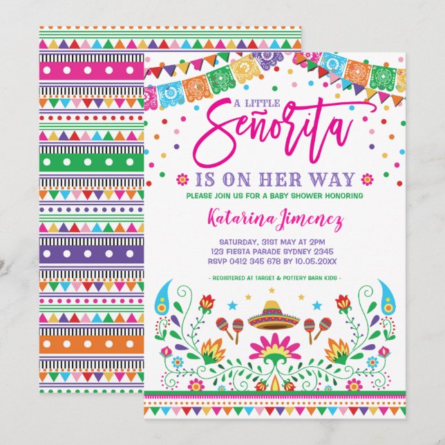 Little Senorita Fiesta Baby Shower Mexican Floral Invitation (Front/Back)