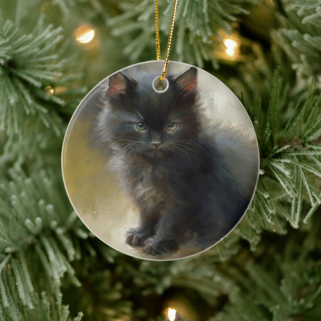 Little Shadow Black Kitten Ceramic Ornament (Tree)