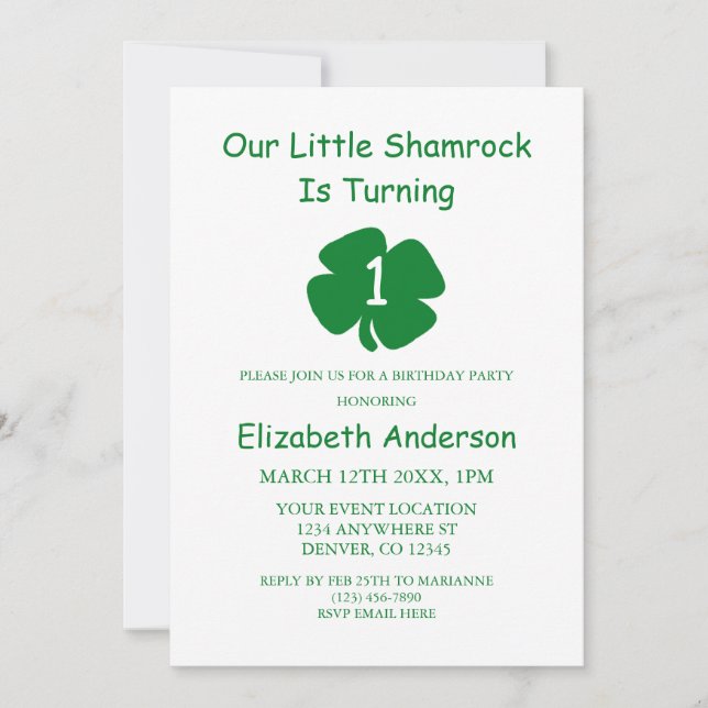 Little Shamrock 1st Birthday Invitation (Front)