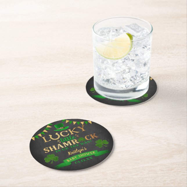 Little Shamrock St. Patrick's Day Baby Shower Round Paper Coaster (Insitu)