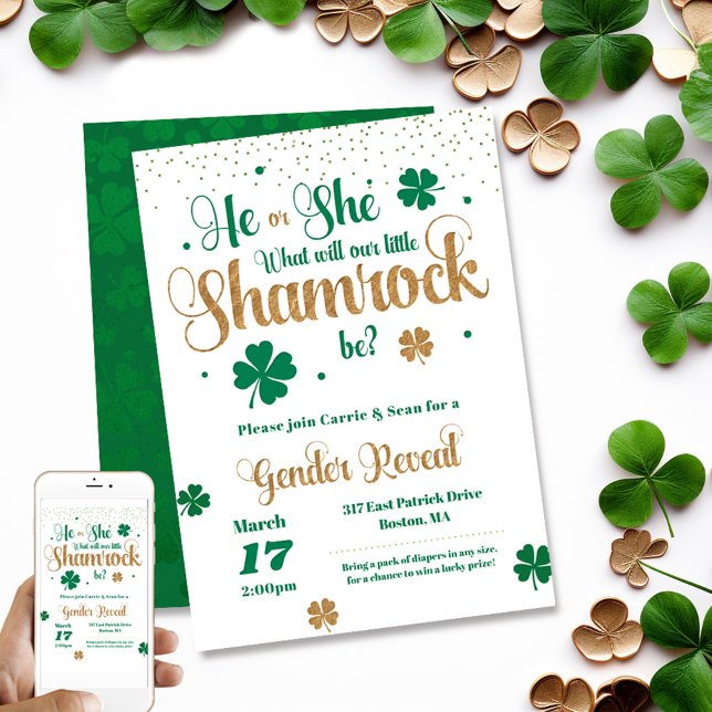 Little Shamrock St Patrick's Day Gender Reveal Invitation (He or she, Shamrock gender reveal invitation. Shown with both printed & digital version. )