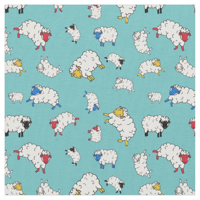 Little sheep, cute sheep different colours - blue fabric (Close Up)