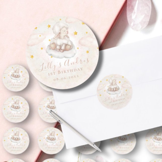 Little Sheep Lamb Dreamy star Baby First Birthday Classic Round Sticker (Creator Uploaded)