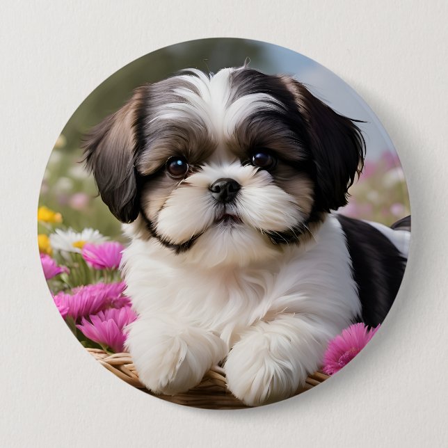 Little Shih Tzu Puppy Basket Flowers 10 Cm Round Badge (Front)