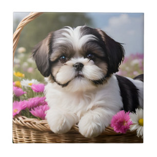 Little Shih Tzu Puppy Basket Flowers Ceramic Tile