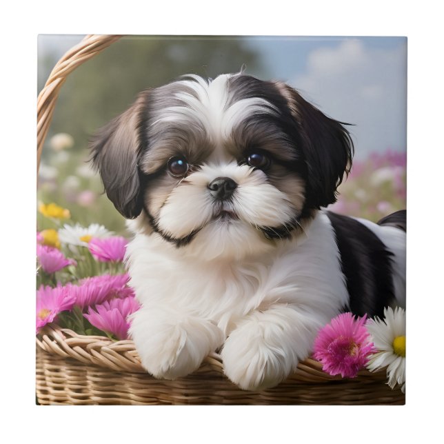 Little Shih Tzu Puppy Basket Flowers Ceramic Tile (Front)