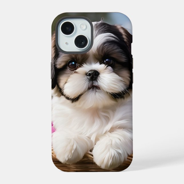 Little Shih Tzu Puppy Basket Flowers iPhone 15 Case (Back)