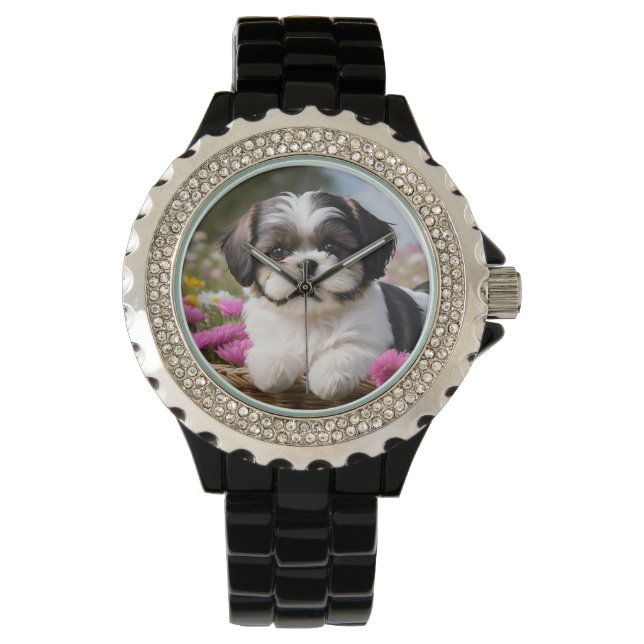 Little Shih Tzu Puppy Basket Flowers Watch (Front)