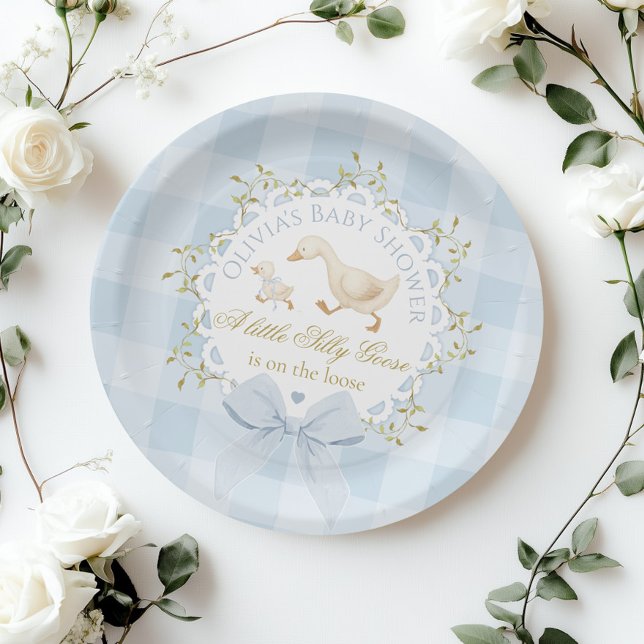 Little Silly Goose Blue Gingham Baby Shower Paper Plate (Creator Uploaded)