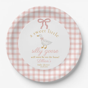 Little Silly Goose Blush Pink Gingham Baby Shower Paper Plate