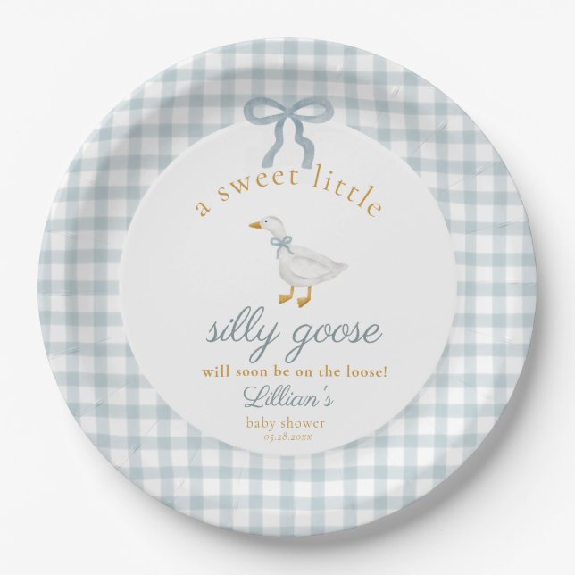 Little Silly Goose Bow Baby Shower Blue Gingham  Paper Plate (Front)