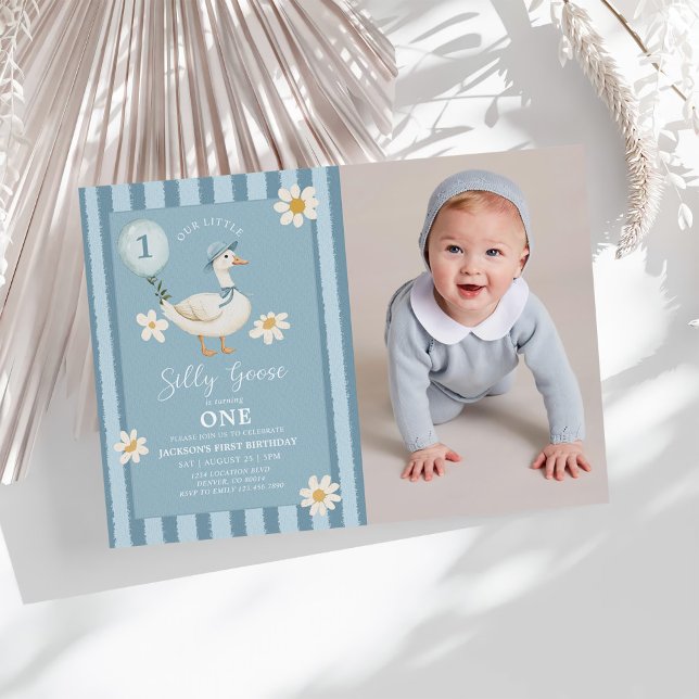 Little Silly Goose Daisy Boy 1st Birthday Photo Invitation (Creator Uploaded)