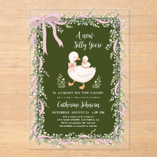 Little Silly Goose Sage Green Pink Bow Baby Shower Acrylic Invitations