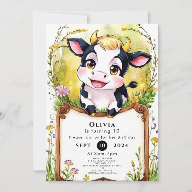 Little Simple Cow Birthday Invitation (Front)