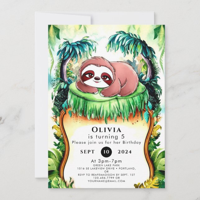 Little Simple Sloth Birthday Invitation (Front)