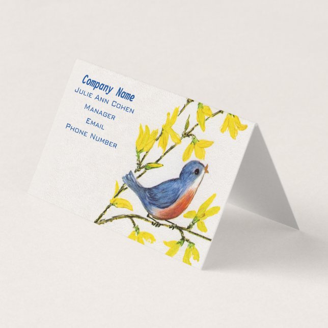 Little Singing Red Blue Bird on Branch Flowers Business Card (Front)