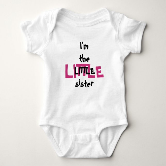 Little Sister Funny Baby Girl Pink Black Text Baby Baby Bodysuit (Front)