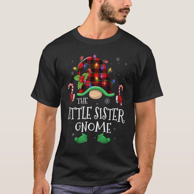 Little Sister Gnome Buffalo Plaid Matching Family  T-Shirt (Front)