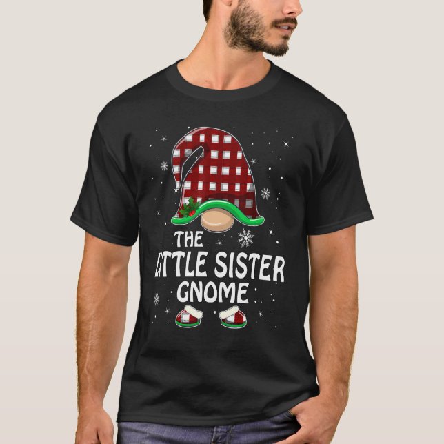 Little Sister Gnome Buffalo Plaid Matching Family  T-Shirt (Front)