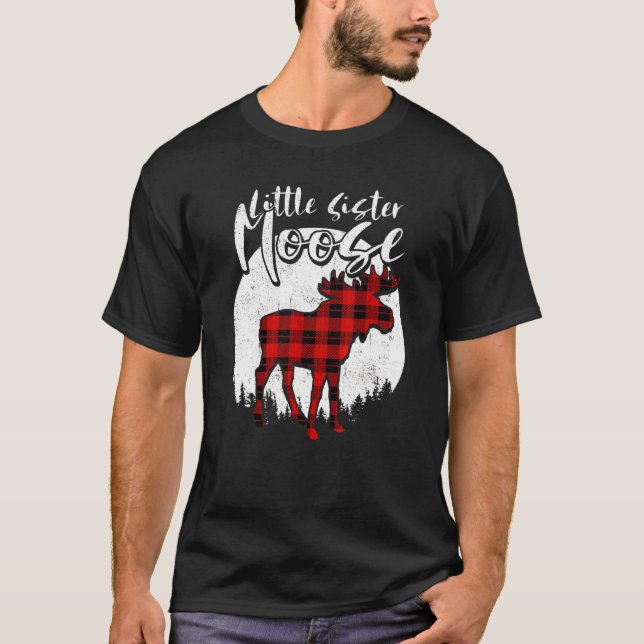 Little Sister Moose Red Plaid Buffalo Matching Fam T-Shirt (Front)