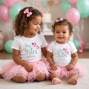 Little Sister Pink Watercolor Hearts Custom Name Baby Bodysuit