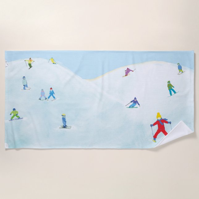 Little Skiers On Snowy Hill Beach Towel (Front)