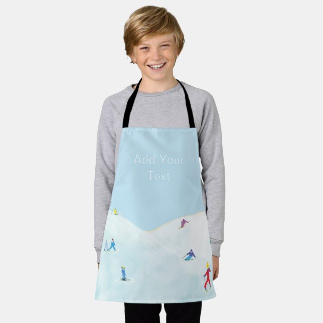 Little Skiers On Snowy Hill Personalised Apron (Worn)