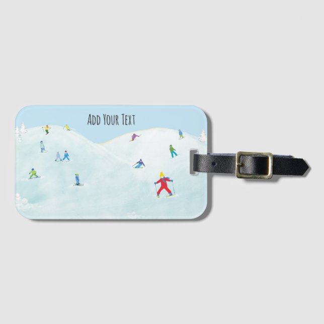 Little Skiers On Snowy Hill Personalised Luggage Tag (Front Horizontal)