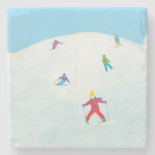 Little Skiers On Snowy Hill Stone Coaster