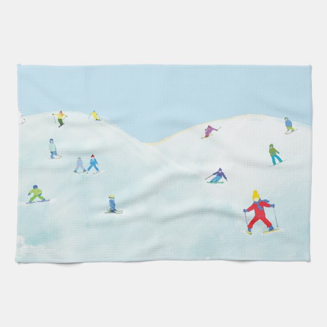 Little Skiers On Snowy Hill Tea Towel (Horizontal)
