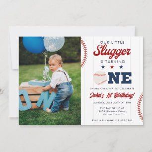 Little Slugger Baseball 1st Birthday Photo Invitation