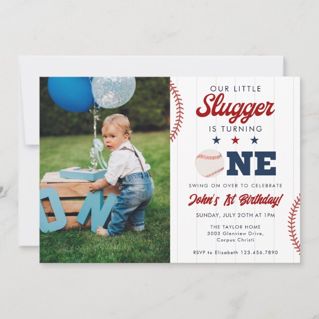 Little Slugger Baseball 1st Birthday Photo Invitation (Front)