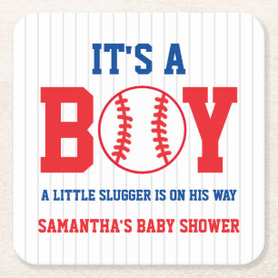 Little Slugger Baseball Boy Baby Shower Square Paper Coaster