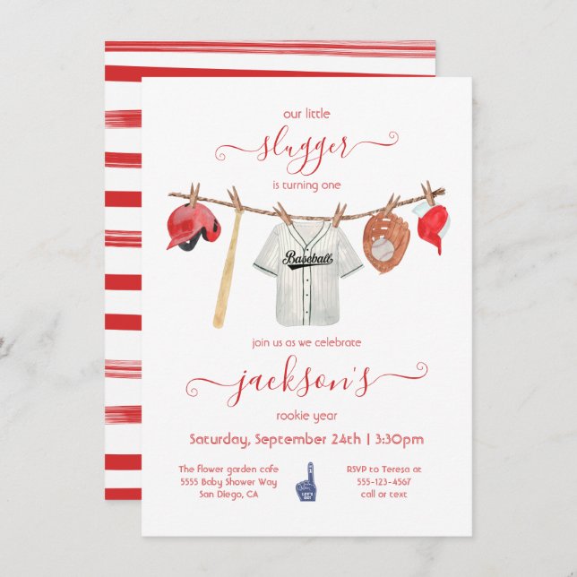 Little slugger Baseball Clothesline Birthday Party Invitation (Front/Back)