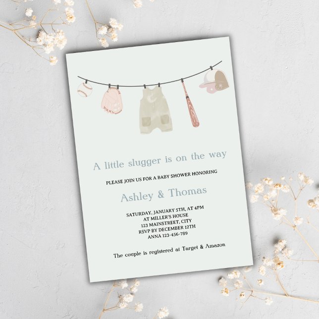 Little Slugger Baseball Neutral Baby Shower Invitation (little slugger on the way baseball baby shower invitation gender neutral cute sports baby shower)