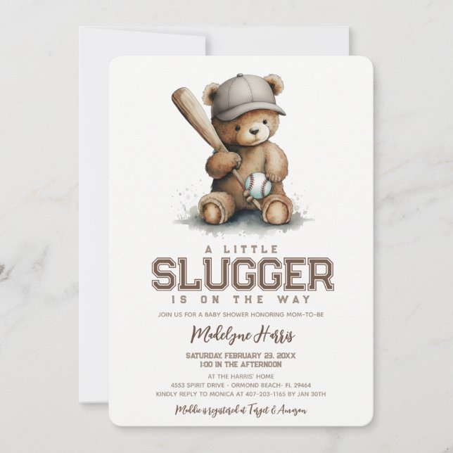 Little Slugger Neutral Teddy Baseball Baby Shower Invitation (Front)