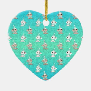 Little Snow Bunnies in Hats and Scarves Pattern Ceramic Ornament