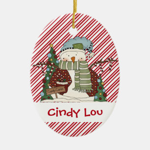 Little Snow Guys Candy Cane Snowman Cutie Ceramic Ornament