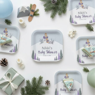 Little Snowboarder Mountain Baby Shower Paper Plate